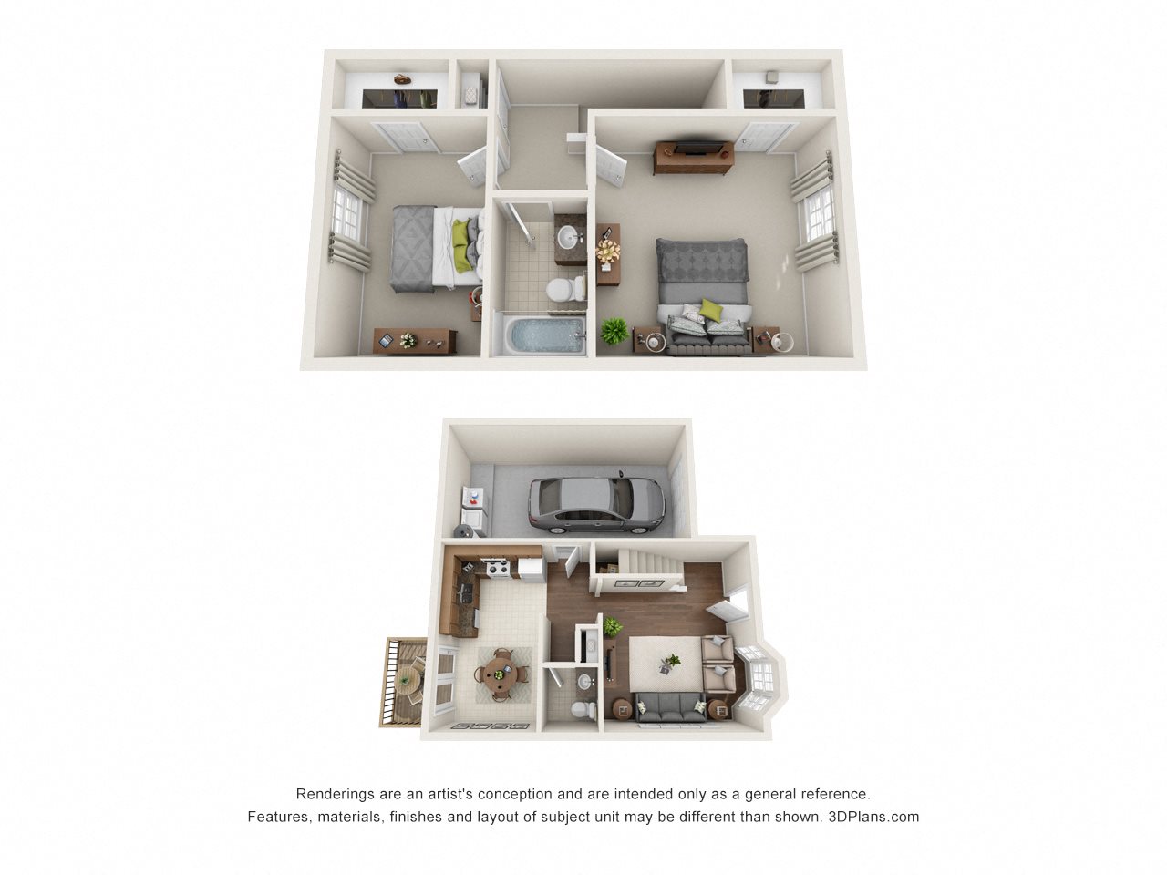 3 dimensional floorplan view of 2 bedroom apartment 2 bedroom floorplan with garage